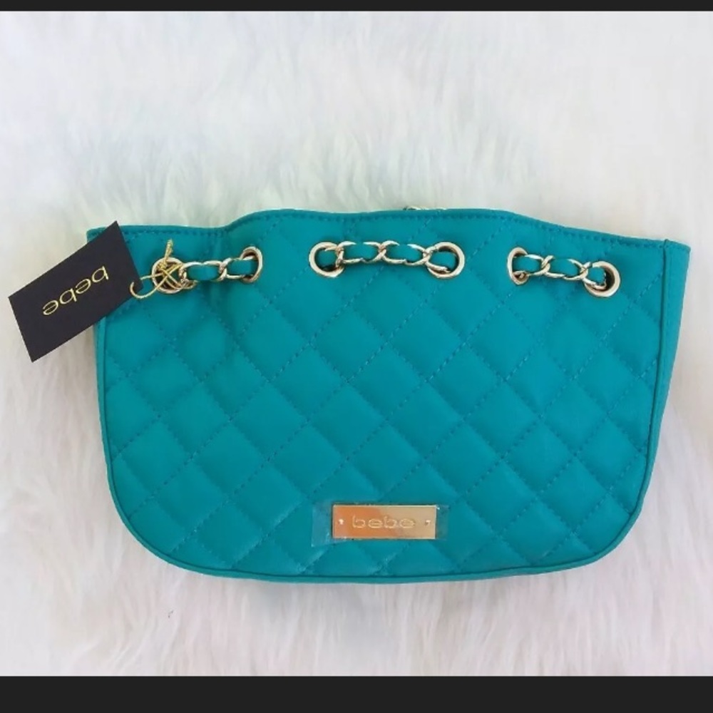 BEBE CHELSEA QUILTED TEAL BLUE CLOUD CROSSBODY GOLD CHAIN PURSE NWT